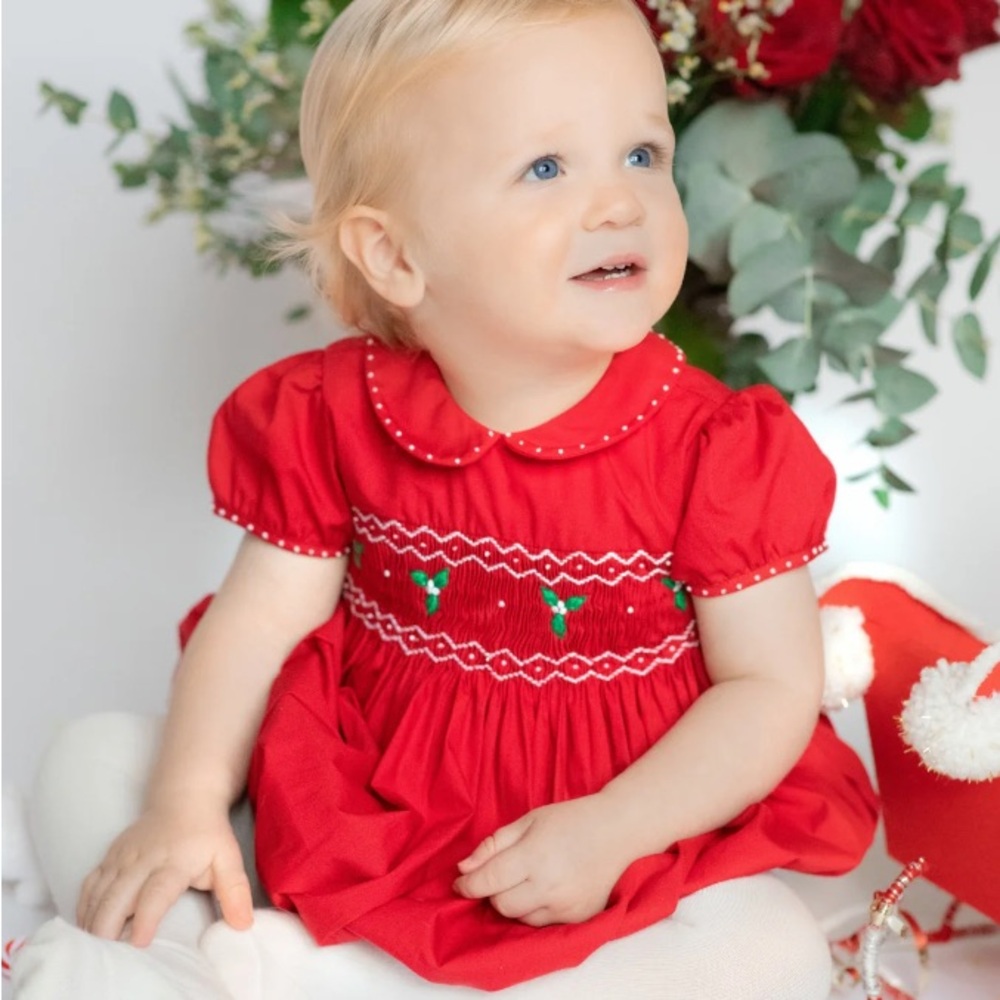 Antoinette Paris Red Smocked Christmas Holiday Romper 6 Months